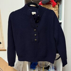 Sezane navy sweater half button down collar